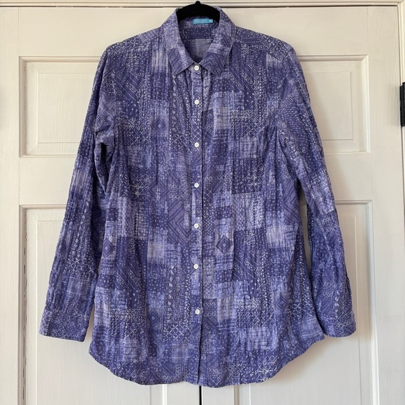 J. McLaughlin Lois Crinkle Shirt Size Medium Purple Patchwork‎ Quilted Button Up - Picture 3 of 13